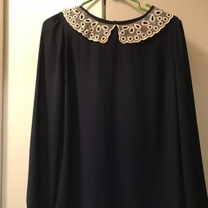Navy blouse with lace Peter Pan collar